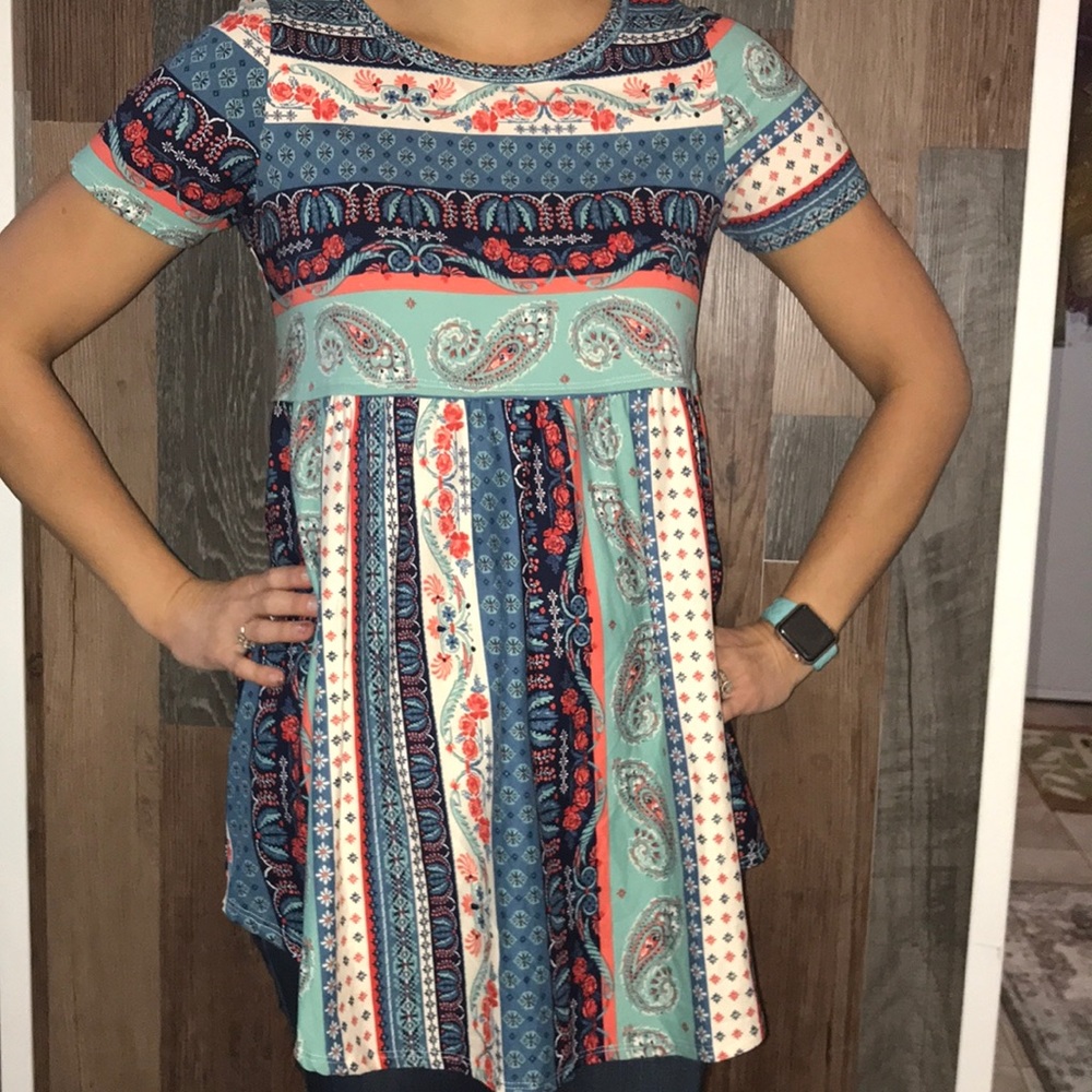 Teal paisley empire waist tunic blouse